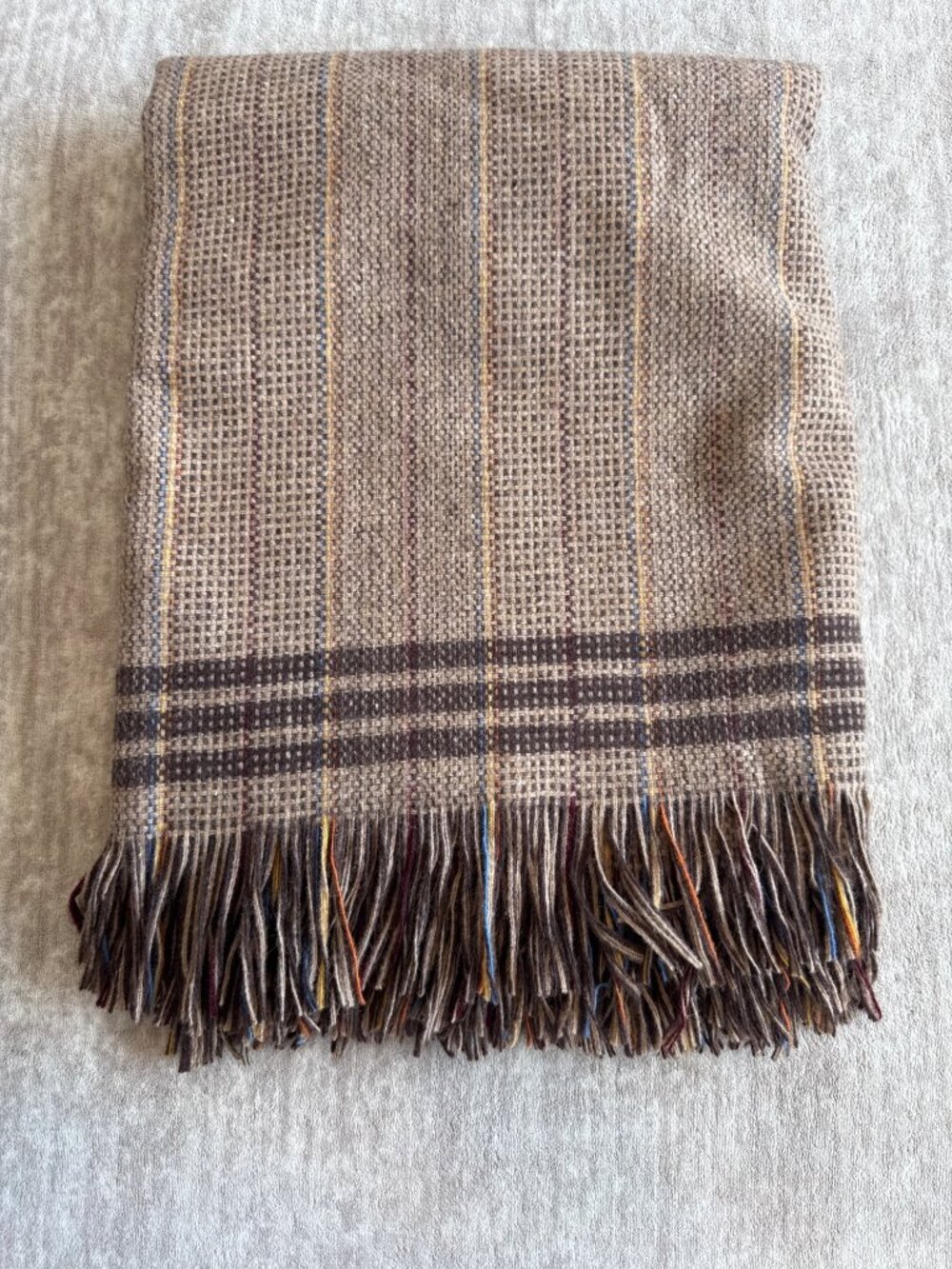 Amana Wool Throw Blanket Fringe Brown Plaid 100% Wool Vintage Fall Home Décor